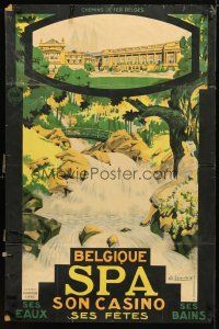 1m193 BELGIQUE SPA SON CASINO Belgian travel poster '28 wonderful Lemmel art of waterfall & casino
