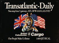 1m189 BRITISH CALEDONIAN TRANSATLANTIC DAILY travel poster '80 great Langford art of lion!