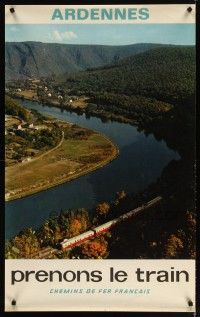 1m153 FRENCH NATIONAL RAILROADS French travel poster '69 photo of train in mountains, Ardennes!