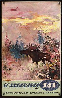 1m160 SCANDINAVIAN AIRLINES SYSTEM SCANDINAVIA Danish travel poster '50s art of moose by Nielsen!