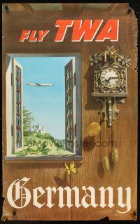 1m106 TWA GERMANY travel poster '50s Beecher art of Constellation aircraft through country window!