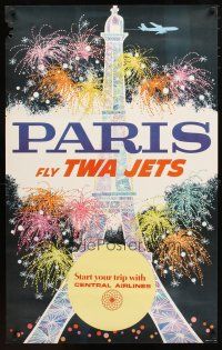 1m107 TWA PARIS travel poster '60s Klein art of Eiffel Tower & fireworks!
