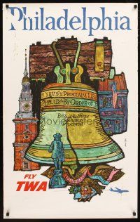 1m109 TWA PHILADELPHIA travel poster '60s David Klein art of Liberty Bell, Franklin & more!