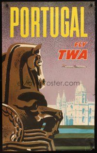 1m110 TWA PORTUGAL travel poster '60s Monastery of Belem, artwork of Constellation aircraft!
