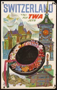 1m113 TWA SWITZERLAND travel poster '60s wonderful art of hat & landmarks by David Klein!