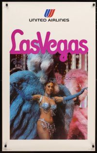 1m124 UNITED AIRLINES LAS VEGAS travel poster '75 cool image of sexy showgirl in costume!