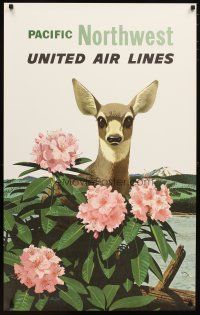 1m121 UNITED AIR LINES PACIFIC NORTHWEST travel poster '60s Stan Galli art of cute deer!