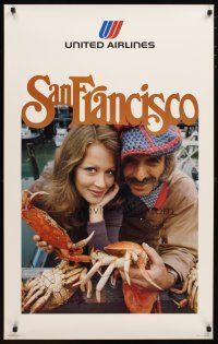1m128 UNITED AIRLINES SAN FRANCISCO travel poster '76 cool image of couple with crabs!