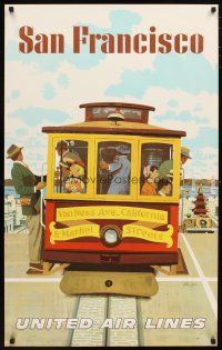 1m122 UNITED AIR LINES SAN FRANCISCO travel poster '50s Stan Galli artwork of trolley street car!