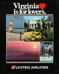 1m130 UNITED AIRLINES VIRGINIA IS FOR LOVERS travel poster '80s cool images of beach & sunset!