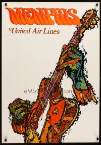 1m119 UNITED AIR LINES MEMPHIS travel poster '70s Jebray art of blues guitar!