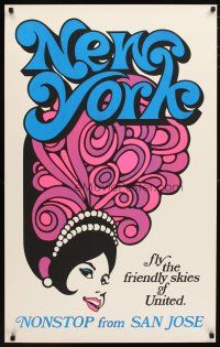 1m131 UNITED NEW YORK travel poster '70s non-stop from San Jose, art of showgirl!