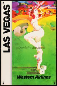 1m136 WESTERN AIRLINES LAS VEGAS travel poster '80s sexy showgirl, gambling & golf!