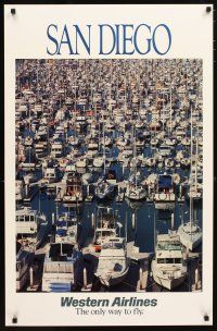 1m138 WESTERN AIRLINES SAN DIEGO travel poster '80s cool image of boats in harbor!