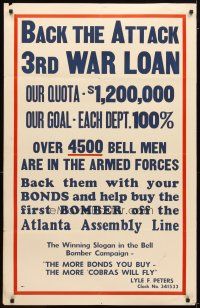 1m050 BACK THE ATTACK 3RD WAR LOAN BELL BOMBER 28x44 WWII war poster '40s help buy first bomber!