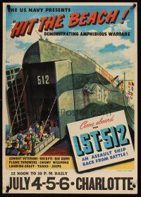1m055 HIT THE BEACH 26x37 WWII war poster '45 amphibious warfare, assault ship back from battle!