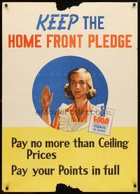 1m059 KEEP THE HOME FRONT PLEDGE 29x40 WWII war poster '44 artwork of woman taking the pledge!