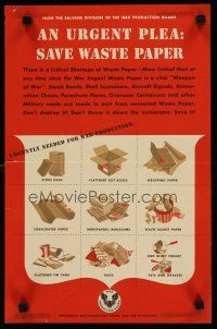 1m103 URGENT PLEA SAVE WASTE PAPER 12x19 WWII war poster '40s list of things not to throw away!