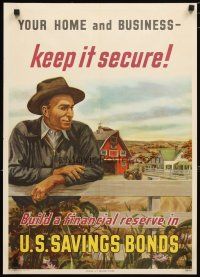 1m105 YOUR HOME & BUSINESS KEEP IT SECURE 19x26 savings bond poster '49 Brouard art of farmer!