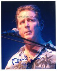 1r0851 BRIAN WILSON signed color 8x10 REPRO still '90s Beach Boy on stage with microphone!