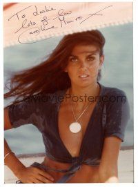 1r0872 CAROLINE MUNRO signed color 7.25x10 REPRO still '80s sexy c/u wet t-shirt portrait on boat!