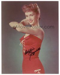 1r0906 DEBBIE REYNOLDS signed color 8x10 REPRO still '80s great profile portrait in red outfit!
