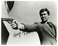 1r0959 GEORGE LAZENBY signed 8x10 REPRO still '90s great close up as James Bond pointing gun!