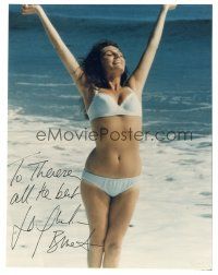 1r0994 JACQUELINE BISSET signed color 7.5x9.75 REPRO still'80s full-length in sexy swimsuit at beach