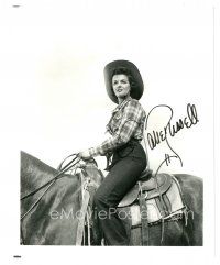 1r1002 JANE RUSSELL signed 8x10 REPRO still '90s great cowgirl close up riding on horse!