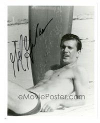 1r1128 MEL GIBSON signed 8x10 REPRO still '80s barechested on beach with surfboard and swimsuit!