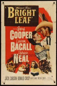 1r0114 BRIGHT LEAF signed 1sh '50 by Lauren Bacall, who's about to kiss Gary Cooper!