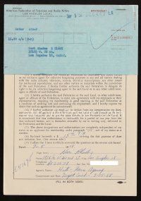 1r0082 HARI RHODES signed contract '58 joining American Federation of Television & Radio Artists!