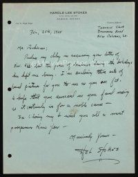 1r0099 HAROLD LEE STOKES signed letter '48 to a fan who asked for photos for a noble cause!