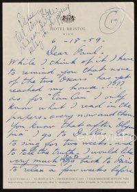 1r0105 MAURICE CHEVALIER signed letter '59 asking where his Oscar is & talking about making Can-Can!