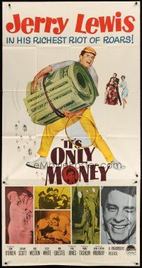 1s613 IT'S ONLY MONEY 3sh '62 wacky private eye Jerry Lewis carrying enormous wad of cash!
