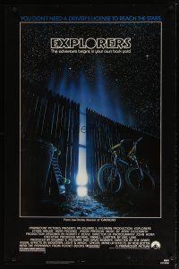 1t223 EXPLORERS 1sh '85 Joe Dante directed, image of bike & skateboard by glowing fence!