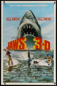 1t364 JAWS 3-D 1sh '83 great Gary Meyer shark artwork, the third dimension is terror!