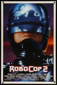 1t622 ROBOCOP 2 1sh '90 super close up of cyborg policeman Peter Weller, sci-fi sequel!