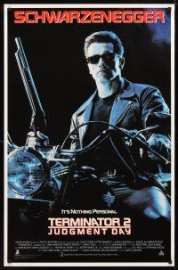1t741 TERMINATOR 2 video 1sh '91 James Cameron, Arnold Schwarzenegger on motorcycle w/shotgun!
