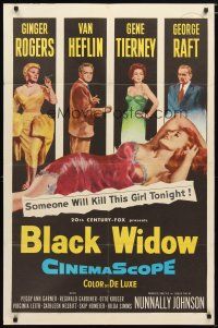 1w125 BLACK WIDOW 1sh '54 Ginger Rogers, Gene Tierney, Van Heflin, George Raft, sexy art!