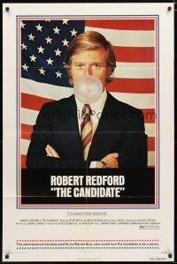 1w181 CANDIDATE 1sh '72 great image of candidate Robert Redford blowing a bubble!