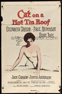 1w195 CAT ON A HOT TIN ROOF 1sh R66 classic art of Elizabeth Taylor as Maggie the Cat!