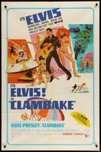 1w219 CLAMBAKE 1sh '67 cool art of Elvis Presley in speed boat with sexy babes, rock & roll!
