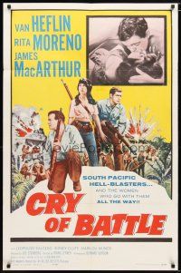 1w245 CRY OF BATTLE 1sh '63 Van Heflin, Rita Moreno & James MacArthur in the South Pacific!