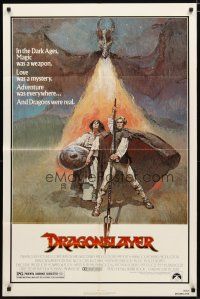 1w293 DRAGONSLAYER 1sh '81 cool Jeff Jones fantasy artwork of Peter MacNicol w/spear & dragon!