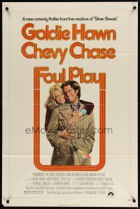 1w355 FOUL PLAY 1sh '78 wacky Lettick art of Goldie Hawn & Chevy Chase, screwball comedy!