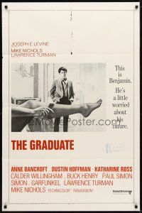 1w394 GRADUATE int'l pre-awards 1sh '68 classic image of Dustin Hoffman & sexy leg, Anne Bancroft!