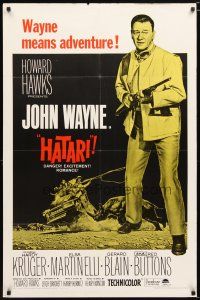 1w417 HATARI 1sh R67 Howard Hawks, full-length art of John Wayne in Africa!
