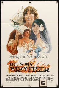 1w419 HE IS MY BROTHER 1sh '76 Bobby Sherman, cool T. Watson art of cast and ship!
