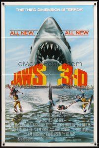 1w485 JAWS 3-D 1sh '83 great Gary Meyer shark artwork, the third dimension is terror!